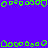 Green pixelated shapes on a solid purple background with a gray rectangular section in the bottom right corner.