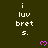 Dark green background with repeated white text 'i luv bret s.' and pink pixelated hearts, one heart visible in each of three