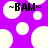 ~BAM~ text in black pixelated font on purple background with white circular shapes, static image.