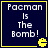 Four identical square with dark blue backgrounds, yellow borders, and pixelated text reading "Pacman Is The Bomb!" each containing a small yellow Pac-Man icon in the bottom-right corner