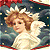 Two identical angel figures with curly brown hair, white halos, and large white wings stand side-by-side against a dark blue background with yellow stars and red accents.