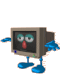 Animated cartoon character with CRT monitor head, blue limbs, and red nose in six sequential poses showing varied eye expressions and limb positions.