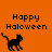 Orange background with black text 'Happy Haloween' and a pixelated black cat icon in three positions.