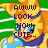 Pixelated yellow cat-like character with blue eyes and purple collar holds a blue object against green striped background, text changes across frames.