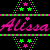 Pixelated graphic with pink text "Alissa Alissa" on black background, bordered by green and pink stripes with star patterns.