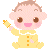 Pixel art animation of a baby character in yellow onesie holding a star-shaped object, shown across two frames with slight pose differences.