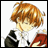 Pixelated anime-style character with orange hair and red-and-black clothing against white background, next to black with white text