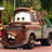 A pixelated image shows a rusty tow truck character with green eyes and headlights, next to pink text reading "Mater and me go together like Peanut Butter and".