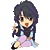 Pixelated anime-style girl with dark purple hair, red lips, and light blue-and-pink clothing in four sequential poses showing eye and hand movement.