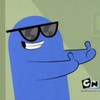Blue cartoon character wearing black sunglasses with a wide grin, extending a hand in a gesture, against a light green background with a 'CN' logo.
