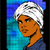Pixelated profile of a person with orange skin wearing a white turban against a blue gradient background.