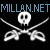 Pixelated white skull and crossed scissors on black background with repeated blue text above and below.