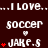 Dark brown background with repeated white text 'I LOVE...' and 'soccer' above 'JAKE.$' with red hearts, some hearts animated to appear in vertical stacks.
