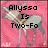 Pixelated image with pink background and black text reading 'Allyssa Is Two-Fo' over a blurred figure.