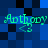 Pixelated green text 'Anthony' with a small arrow symbol appears on a blue and black checkered background in four identical positions