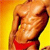 A pixelated close-up of a shirtless person's torso with a red waistband, set against a yellow-orange gradient background.