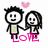 Pixelated cartoon couple holding hands under a pink heart, with 'LOVE' text in bright pink below them.