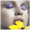 A close-up of a person with purple glitter eyeshadow holding yellow flower petals near their mouth, showing subtle animation changes across frames.