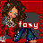 A 4-frame animated contact sheet of a pixel art character with brown curly hair, red top, blue pants, and white shoes against a gray background, each frame displaying the text 'foxy' in red outline font.