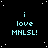 Black background with white pixelated stars, repeated cyan text 'i love MNSL!', and a gray square in the bottom-right corner.