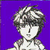 Anime-style character with tousled light brown hair and closed eyes against a solid purple background, wearing a high-collared garment.