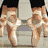 Four pairs of ballet shoes in beige, pink, orange, and green displayed on a white surface with dark background.