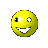 A contact sheet of 18 yellow spherical smiley faces with varying mouth expressions arranged in a 5x4 grid on gray background, each frame showing distinct facial animations from neutral to wide grins and toothy smiles.