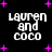 Black background with white text 'lauren and coco' in four quadrants, surrounded by pink plus signs that change position across frames.