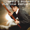 A character in a gray sweater and white shirt holds a wooden wand against a cloudy sky background, with text overlays changing across frames.