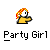 A 4x4 contact sheet of pixel art frames showing a yellow cartoon character with orange hair in various poses, each labeled "Party Girl" below the icon.