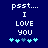 Blue background with white pixelated text reading 'psst... I LOVE YOU' and five cyan plus signs below, where the third sign changes from light blue to darker blue between frames.