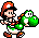 Four pixel-art frames show Mario riding Yoshi, each with distinct pose and expression variations against a gray background.