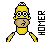 Pixel art of a character with yellow hair, black glasses, and a white shirt with yellow sleeves against gray background.