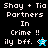 Pixelated text reads "Shay + Tia Partners In Crime !! ily bff." with a blue star icon on black background and a black-and-white icon on cyan background.