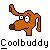 Pixelated orange dog mascot with raised paw, white eyes, brown nose, and pink spots on gray background above "Coolbuddy" text.