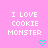 Pink background with repeated white text "I LOVE COOKIE MONSTER" and cyan pixelated hearts below each text block.