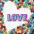 Pixelated icon with 'LOVE' text in cyan letters outlined in pink, surrounded by a colorful pixelated border on white background.