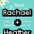 A static buddy icon with four distinct sections: a teal top-left, pink top-right, white bottom-left collage, and gray bottom-right. Text reads "Rachael + Heather" in black boxes on teal, "best fiends" on pink, and "BESTIES FOR LIFE" on the collage.