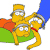 Pixelated yellow cartoon characters in dynamic poses with green, orange, and blue background elements. One character wears a red tie.
