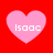 Four pink heart shapes on a red background, each containing the text 'Isaac' in white pixelated font.