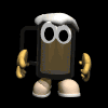 Animated character with brown body, white foam top, yellow hands, and beige feet in multiple poses against black background.