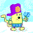Animated contact sheet of a yellow cartoon character with purple hat and blue shorts holding a blue hammer-like object, displayed across multiple frames showing subtle pose changes against light blue background.