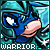 Pixelated character face with blue mask and teal armor, mouth open in a neutral expression, text "WARRIOR" below.
