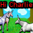 Pixelated image of two unicorns in a grassy field with blue sky, featuring red text 'Hi Charlie' and 'WTF?' on black backgrounds.