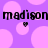 Pixelated text 'madison madison' in black on a purple background with light pink circles, two small dark heart shapes below the text.