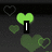 Animated icon with green hearts floating upward on dark background, blue circular patterns on light background, purple monkey character, and black '<3' symbols.
