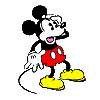 Mickey Mouse in red shorts and yellow shoes, two distinct poses with gray and purple backgrounds.