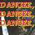 Pixelated of six distinct sections with text and imagery including repeated 'DANGER' text, a character face, and 'I AM SORRY' text