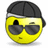Yellow emoji face wearing black sunglasses and a black baseball cap with a white brim, set against a white background.