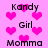 Pixelated pink background with scattered pink hearts and repeated text 'Kandy', 'Girl', 'Momma' in black font.